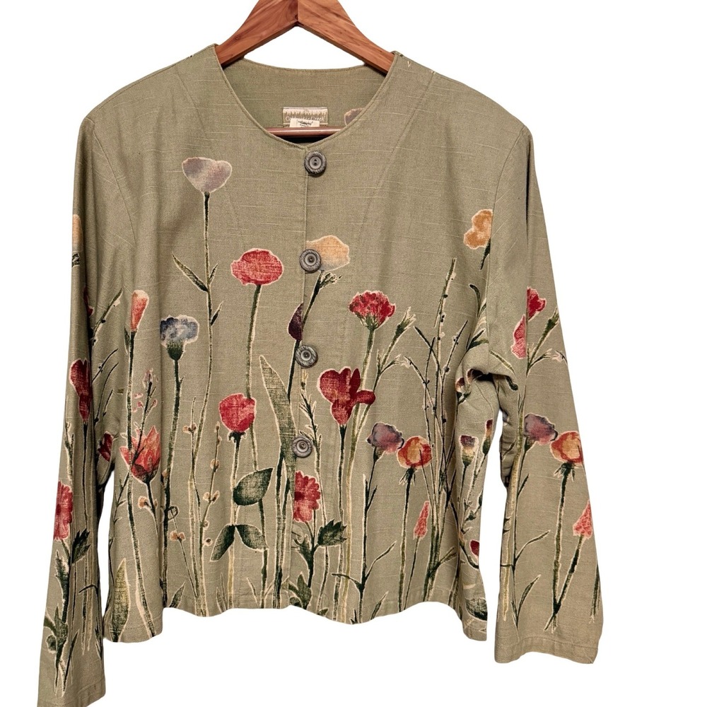Coldwater Creek Jacket XL Green Floral Cotton Linen Blend Cottagecore Boho Art